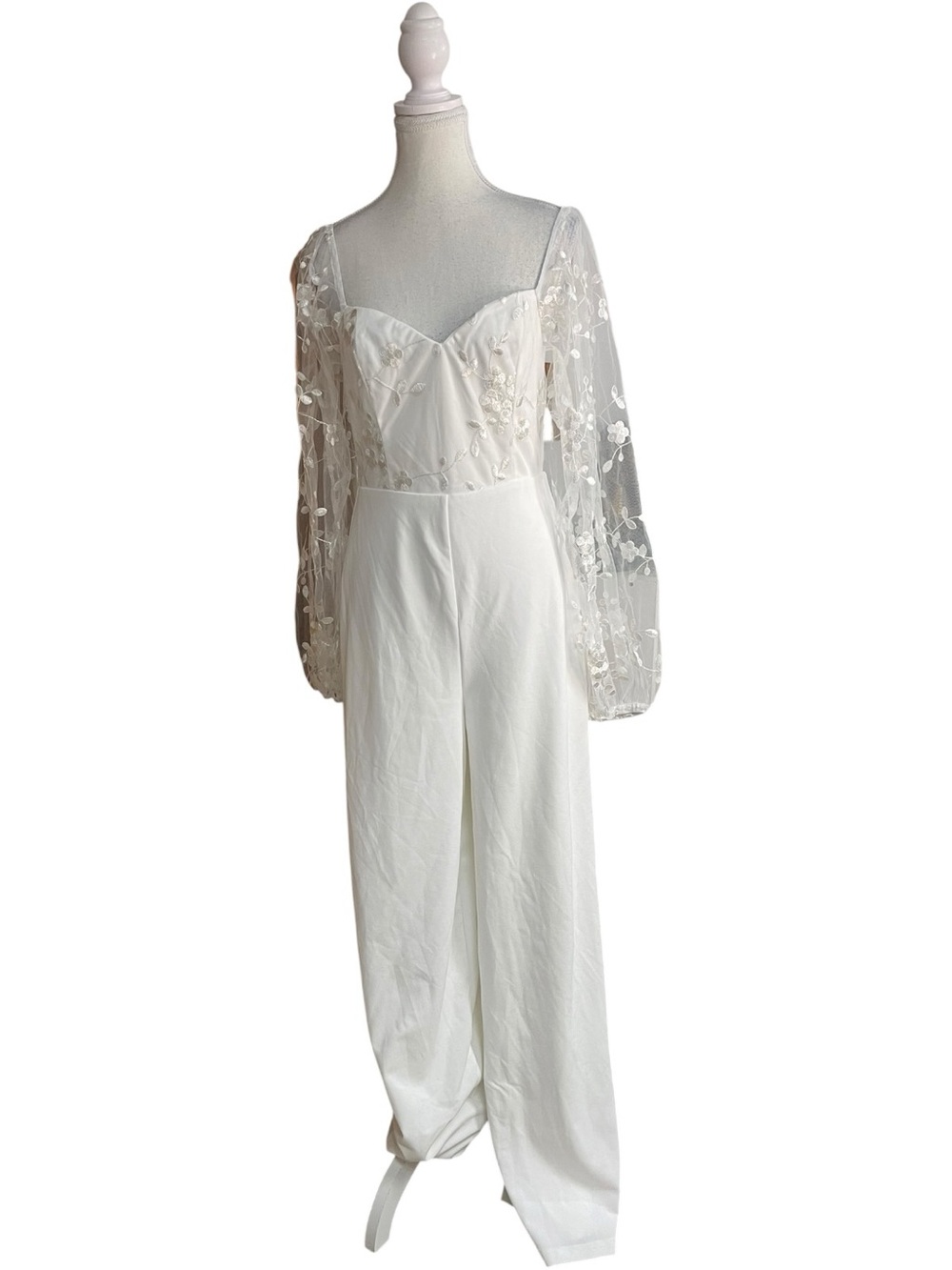 Lulus Darling Charisma Mesh Embroidered Sleeve Jumpsuit White
